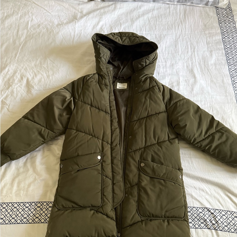 Zara Olive Quilted Hooded Puffer Coat
